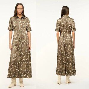NEW Staud Joan Sergeant Painted Palm Shirtdress Cuffed Maxi Dress Green Size: 2